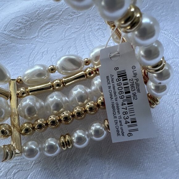 Lilly Pulitzer CZ Cuff Bracelet Gold-tone Rhinestone Faux Pearls Stretch NWT - Picture 11 of 12